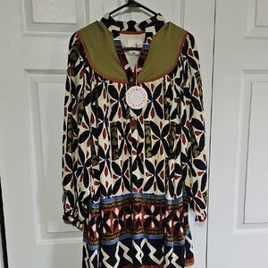 Umgee Cream, Black, Olive & Rust Long Sleeve Boho Dress